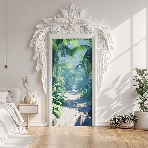 Sticker Porte Palmier, Sticker Mural Porte 73x205 cm Forêt Tropicale Jungle Cocotier Plante, pour Salon Chambre Décoration De La Maison Muraux Imperméable Stickers Amovibles - Nail Gallerys