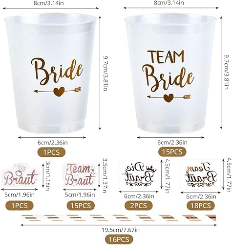 Lot de 16 tasses JGA pour mariée - Avec 16 pailles d'équipe - 20 JGA Bride to be Tattoo - Or rose - Pour fête de fiançailles - Nail Gallerys