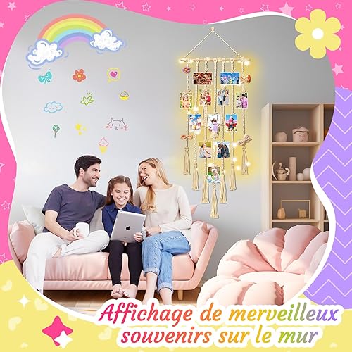 Eletorot Decoration Chambre Ado Fille, Cadeau Ado Fille Cadre Photo Mural Présentoir, Porte Photo Mural avec 30pcs Pinces, Decoration Maison Accroche Photo Mural avec Lumineuse Télécommande - Nail Gallerys