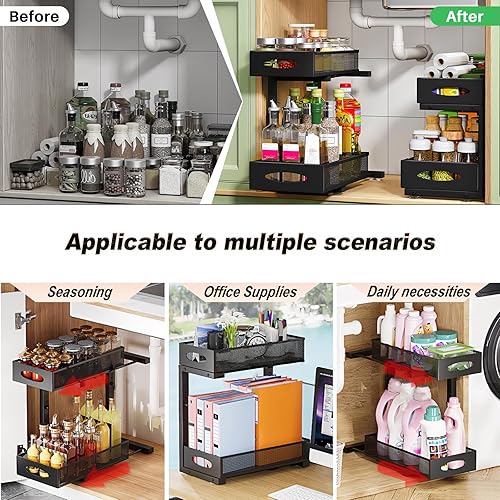 Laphontab Rangement Sous Evier En métal, Organisateur Évier à 2 Étages avec Tiroir Coulissant pour Cuisine, Salle de Bain, Réglable en hauteur- Noir. (1 Pièce) - Nail Gallerys