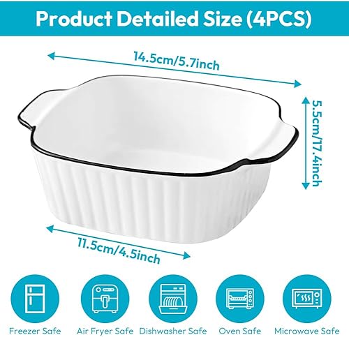 Lot de 4 mini plats à gratin carrés en céramique 400 ml - 14,5 x 11,5 x 5,5 cm - Avec poignées - Petit pour friteuse à air chaud, four et micro-ondes - Passe au four et au micro-ondes - Petit moule en - Nail Gallerys