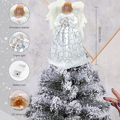 Cime de Sapin, Ange de Noël, Sapin Noël Ange, Cimier de Sapin Ange d'arbre de Noël avec Mode d'éclairage, Argent, Manteau doré, ajout d'une atmosphère Festive (B) - Nail Gallerys