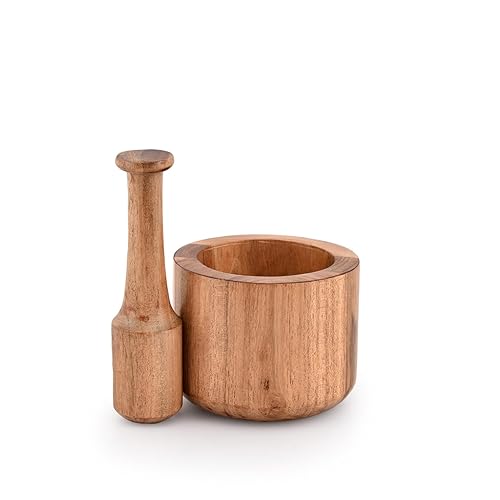 Samhita Mortier et pilon en bois d'acacia pour ail, poivre, herbes, ustensiles de cuisine, cadeau d'anniversaire, pendaison de crémaillère. Mortier - 10,2 x 7,6 cm - Pilon - 14 cm - Nail Gallerys