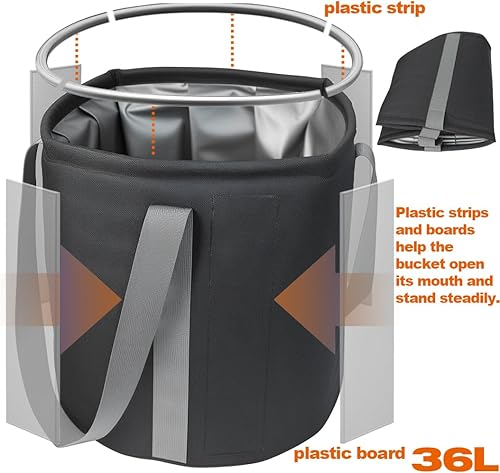 Seau Pliable Seau Pliant en Tissu Oxford étanche de 36L avec Supports en Plastique sur Le Rebord et Les côtés - Black - Nail Gallerys
