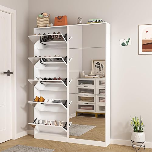 Organizedlife Armoire à Chaussures avec Miroir, Armoire à Chaussures étroite à 5 Niveaux avec tiroir Rabattable, Rangement caché pour l'entrée - Nail Gallerys