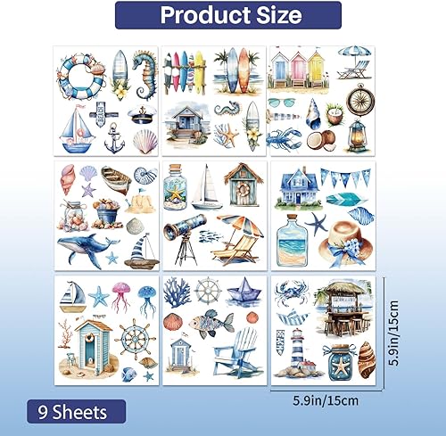 PLIGREAT 9 Pcs frotter sur les décalcomanies de transfert pour l’artisanat, thème de plage meubles décalcomanies autocollant de transfert UV imperméable pour tiroir en céramique Scrapbook décoratif - Nail Gallerys