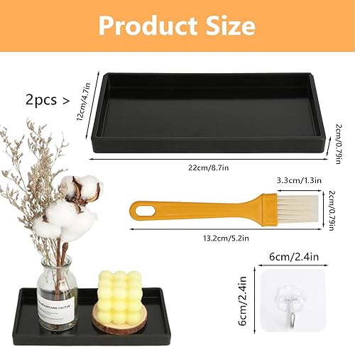 Lot de 2 plateaux de salle de bain en plastique noir - Plateau de coiffeuse rectangulaire avec 1 crochet et 1 brosse - Pour salle de bain, coiffeuse et cuisine - Nail Gallerys