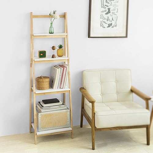 SoBuy Étagère Pliable, Étagère Échelle, Meuble de Rangement, Étagère à Livres, Bibliothèque à 4 Niveaux de Rangement pour Salon, Bureau, Chambre, Cuisine, L42xP34xH136cm, Blanc+Naturel, FRG162-N - Nail Gallerys