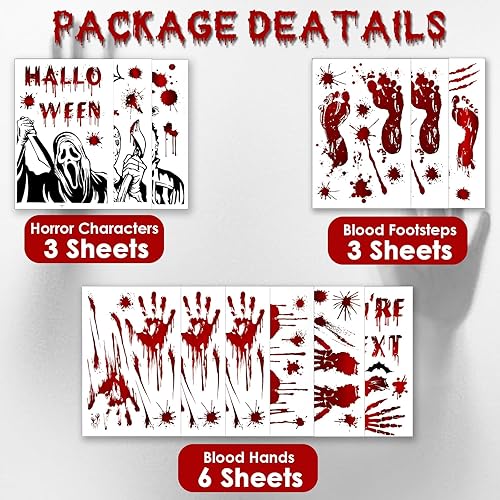 YuSaug Autocollants pour Halloween, 12 Feuilles 105 Pièces Sanglante Autocollants Handprint Empreinte Décorations de Halloween, Fenêtre Accessoires de Déco d'horreur pour Halloween Fête Porte Plancher - Nail Gallerys