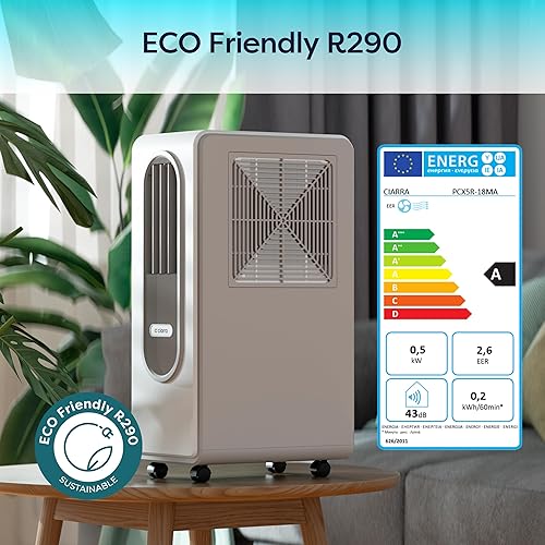 Ciarra Climatiseur Mobile avec Réfrigérant R290 Écologique - 3 en 1 Froid & Ventilation & Déshumidification - Mode Veille - 38 dB - Écran Digital - Aucune Installation Requise - CBPAC59-W - Nail Gallerys