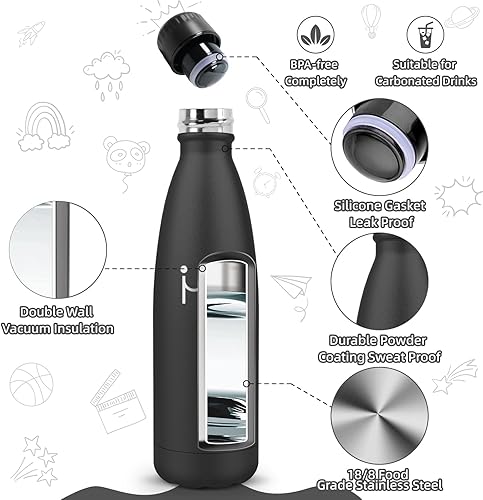 Motswedi Gourde Isotherme, 0.75L sans BPA, Bouteille Isotherme, 24h Froid & 12h Chaud, Gourde Inox, Anti Fuite, Gourde Isotherme Enfant, Gourde pour Enfant & Adulte, Sport, Gym, École, Noir - Nail Gallerys
