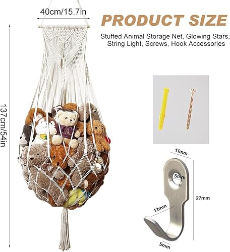 Filet de rangement pour peluches, style bohème, macramé, filet pour peluches, jouets, hamac, organiseur pour chambre à coucher - Nail Gallerys