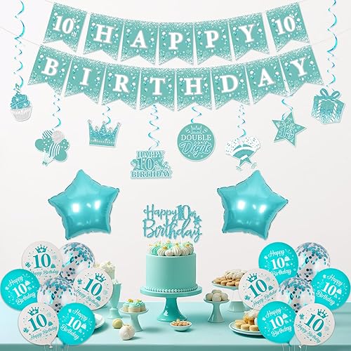 Funmemoir Décorations de 11e anniversaire pour filles bleu sarcelle – Bannière « Happy 11 Birthday », tourbillons à suspendre double face, décoration de gâteau, écharpe et badge pour fête - Nail Gallerys