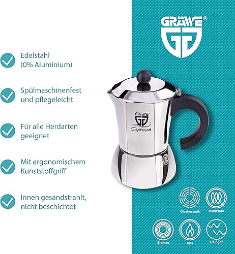 GRÄWE Cafetière expresso compatible avec induction, cafetière en acier inoxydable pour 10 tasses, cafetière classique sans aluminium - 500 ml - Nail Gallerys
