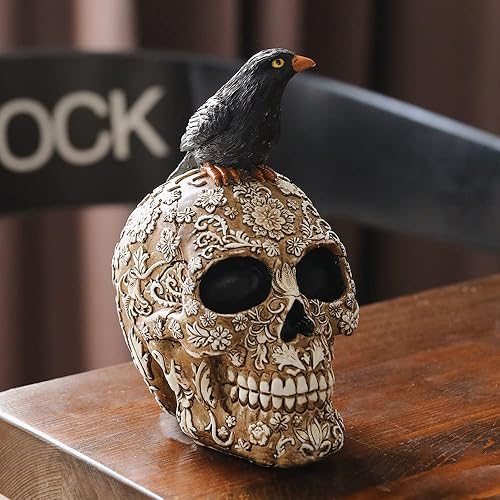 Arola Tête de crâne Sculpture Corbeau Décoration de bureau Créative Crâne Pièce de collection pour fournitures de bureau à domicile. - Nail Gallerys