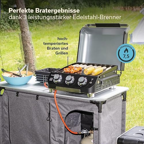 Skandika Plancha à gaz Palo | Plaque de cuisson à 3 brûleurs, égouttoir, barbecue à gaz transportable avec plaque plancha | Camping, bbq de table, jardin - Nail Gallerys