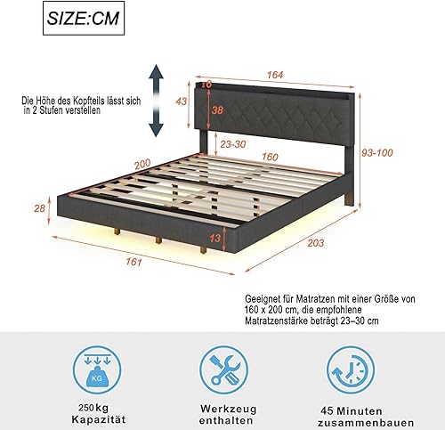 PUGSDRLY Lit Double avec Rangement 140x200cm, Rembourré avec Lumières LED à Couleurs Changeantes et Prise USB, Adulte, Tissu de Lin, Sans Matelas (Beige) - Nail Gallerys