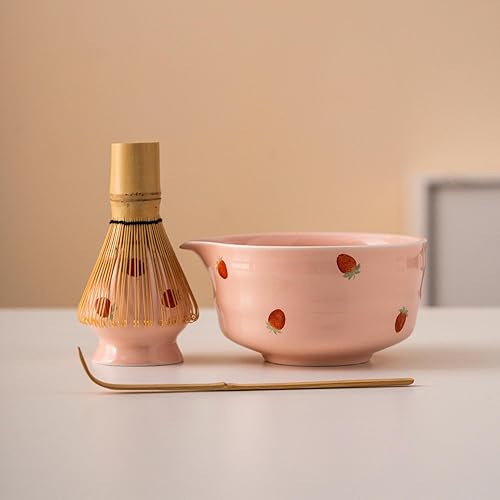 Ensemble de matcha japonais, kit de matcha en céramique fraise, ensemble de cérémonie rose macha bol à matcha et fouet, kit de fabrication de thé, coffret cadeau unique pour elle/femme/couple (4 pcs) - Nail Gallerys