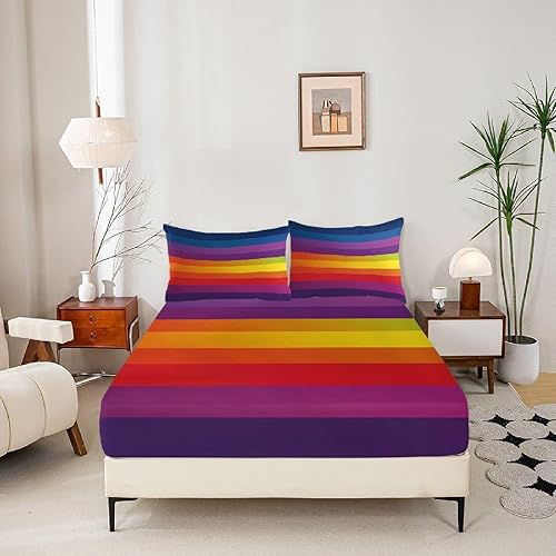 Drap Housse 160x200x30cm Bonnet 30cm Motif à Rayures Arc-en-Ciel Drap-Housse pour 2 Personnes lit, Microfibre Confortable et Respirant Housse Matelas, Coloré Drap de Fond Hypoallergénique - Nail Gallerys