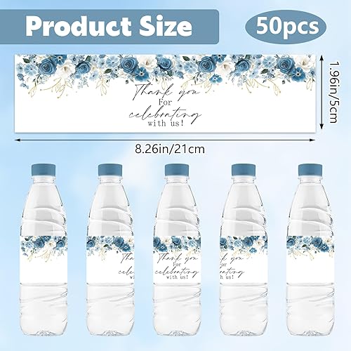 URROMA Lot de 50 étiquettes pour bouteille d'eau, motif fleurs bleues et blanches, autocollants de remerciement, estampage à chaud, feuilles imperméables pour fête prénatale - Nail Gallerys
