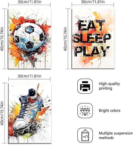 YunBey 3 Pcs Gaming Football Decoration Chambre Ado Garcon Tableau Foot avec Cadre Affiche Toile Mural Football Decoration pour Garçons Chambre Salle de Sport (30 x 40 cm) - Nail Gallerys