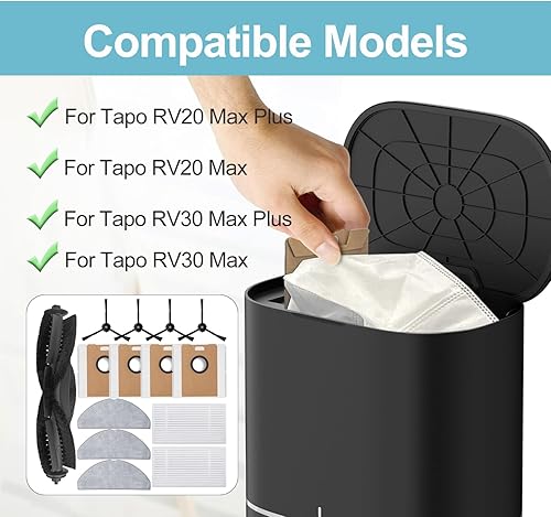 Pièce de Rechange pour Robot Aspirateur pour Tapo RV30 Max Plus/RV30 Max/RV20 Max Plus/RV20 Max Aspirateur, 1 Brosse Principale, 2 Filtres HEPA, 3 Lingettes, 4 Brosses Latérales, 4 Sacs à Poussière - Nail Gallerys