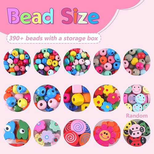 Deepton Lot de 400 perles en bois à enfiler - Pour enfants à partir de 2, 3, 4 ans - Environ 400 perles de bricolage pour bracelets, bijoux, colliers - Nail Gallerys