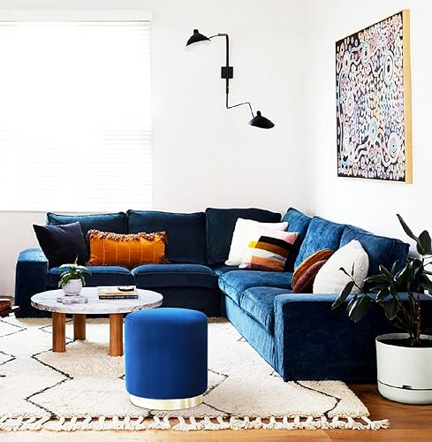 Suhu Pouf Tabouret Velours Coiffeuse Repose Pied Rond de Salon Design Chaise Moderne Siège Vintage Deco Bas en Métal Gold Bleu - Nail Gallerys