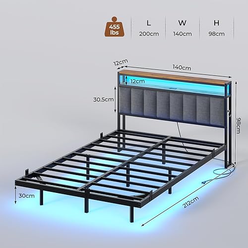 AOGLLATI Cadre de Lit 140x190 avec Multiprise et Éclairage LED, Lit 2 Personnes Flottant avec Tête de Lit Rangement, Sommier en Métal, Structure Stable, Lin Gris Foncé(sans Matelas) - Nail Gallerys