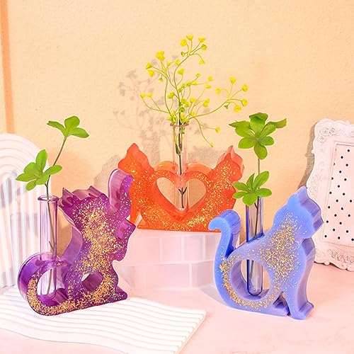 Xidmold Lot de 3 moules en silicone pour chat - Vase à fleurs en résine époxy - Avec 3 tubes à essai - Moule en silicone pour plantes hydroponiques et plantes hydroponiques - Nail Gallerys