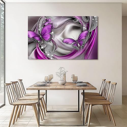 Impression sur toile 120L x50l cm decoration chambre -tableau decoration murale Papillon Abstrait Magnifique decoration maison - Tableau Moderne - toile peinture Argent violet - Nail Gallerys