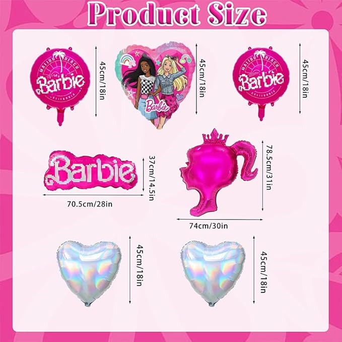 Krilucly Bar-ie Lot de 7 ballons Bar-ie en aluminium pour anniversaire d'enfant Décoration de fête Princesse Cartoon Ballons à l'hélium Décorations d'anniversaire Fournitures de fête pour enfants, - Nail Gallerys