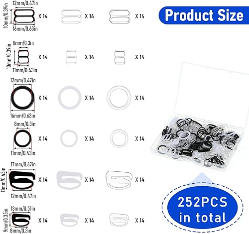 Lot de 252 anneaux de fermeture pour soutien-gorge - 12 mm et 8 mm - Anneaux réglables - Lingerie - Fermeture à crochet - Accessoire pour sous-vêtements, bikini, corps, robe (noir, blanc, transparent) - Nail Gallerys