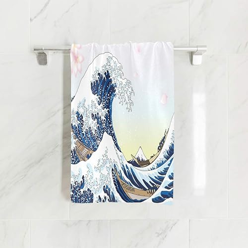 Mnsruu Serviette de bain douce japonaise avec vagues de l'océan et fleurs de cerisier 76 x 38 cm - Nail Gallerys