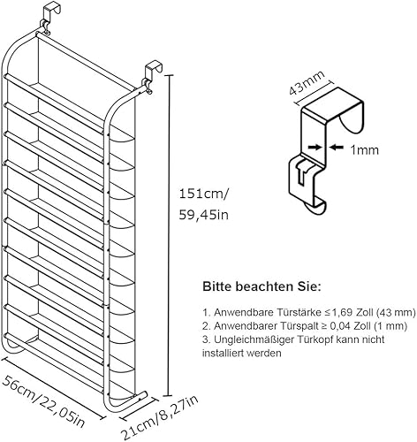 TZAMLI Étagère à chaussures à 10 niveaux, à suspendre au-dessus de la porte à l’aide de crochets en métal solides, 56 x 21 x 151 cm (noir) - Nail Gallerys