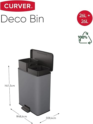 CURVER POUBELLE DECO RECTANGULAR DUO 26+26L, Gris Anthracite, 48,6x28,4x61,5 cm, 100% matière recyclée(version précedente) - Nail Gallerys