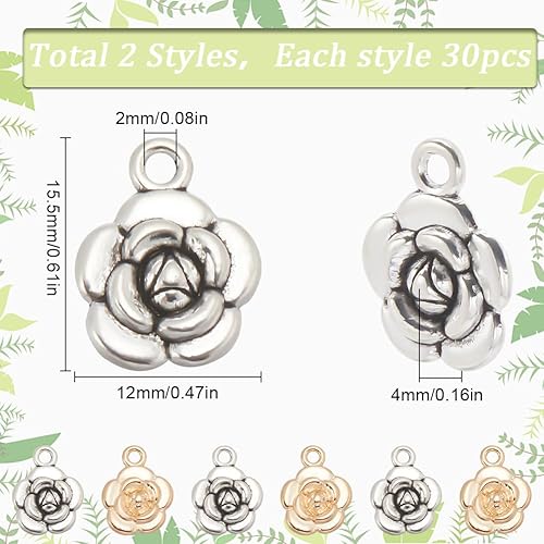 SUNNYCLUE 1 boîte de 60 breloques en Forme de Rose en Forme de Roses Chic en Alliage Métallique 3D Doré Clair Argent Antique Breloques Florales en Vrac pour la Fabrication de Bijoux Breloques Collier - Nail Gallerys