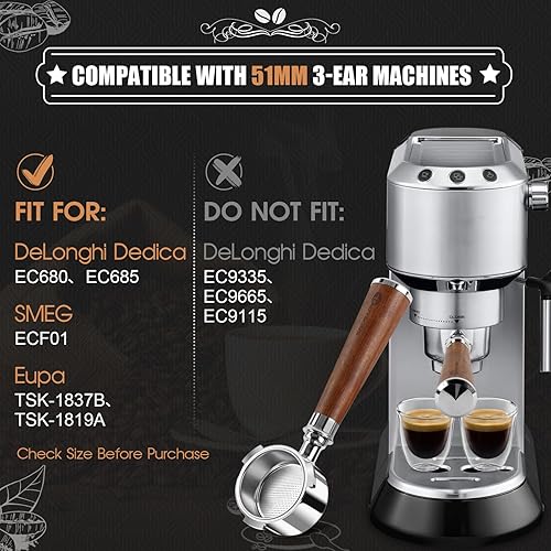 Espresso Bottomless Porte-filtre 51mm | Compatible avec DeLonghi Dedica EC680 / EC685 | Filtre à Café 51 mm avec poignée en noyer, 2 paniers inox, répartiteur d’aiguille espresso | 3 oreilles - Nail Gallerys