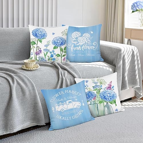 Bonhause Housse de Coussin Été Fleurs 45 x 45 cm Bleu Violet Fleur Hortensia Décoratif Taie d'oreiller pour Canapé Salon Chambre Chaise Jardin Maison Décoration 4 Pièces - Nail Gallerys