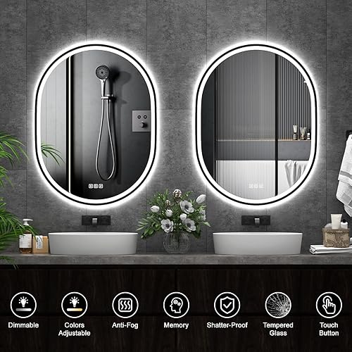 furduzz Miroir de salle de bain ovale à LED 900 x 700 mm avec cadre noir, miroir de courtoisie mural avec anti-buée, 3 couleurs, mémoire, intensité variable, horizontal/vertical - Nail Gallerys
