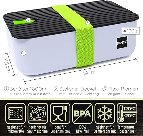 iFancy Lunchbox Tasty - Bento Lunch Box 1000ml - Etanche & anti-fuite pour enfants & adultes - Bureau & Ecole - Sans BPA - Boîte à goûter pour lave-vaisselle micro-ondes & congélateur (Vert) - Nail Gallerys