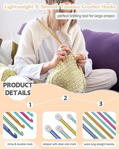 Katech 6 Pièces Grand Crochet Tunisien, Aiguilles 6,5mm-11mm, Longs Crochets Tunisiens, Kit Débutants Tricot Idéal pour Tapis, Couverture, Écharpe - Nail Gallerys
