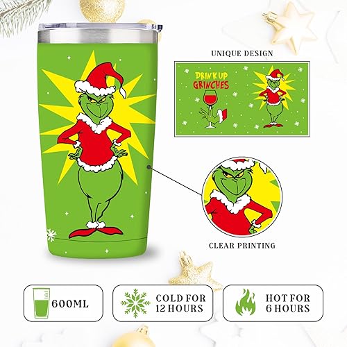 Grinchs Gobelet de Noël isotherme amusant en acier inoxydable avec couvercle, pour garder les boissons froides et chaudes, cadeau Grinchs pour femmes, hommes, collègues de travail, 600 ml - Nail Gallerys