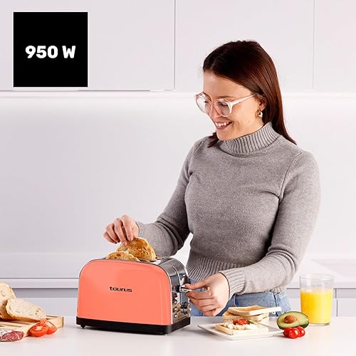 Taurus - Grille-pain Vintage II Coral 950W | 2 fentes 135x35 mm | 7 niveaux | 3 fonctions | Inox | Auto-centrage | Ramasse-miettes | Élévation haute | Range-cordon | Corail - Nail Gallerys