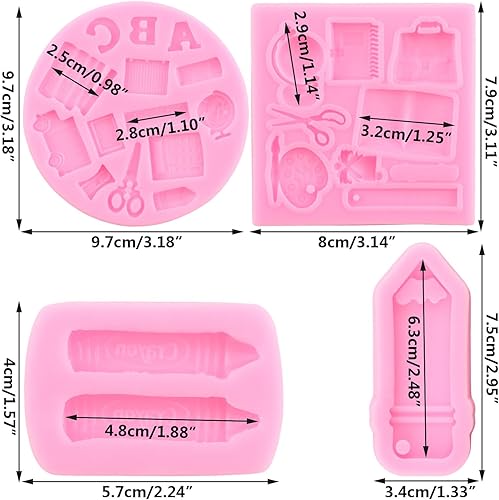 RFGHAC Lot de 4 moules en silicone pour la rentrée des classes, fondant, bonbons, bus, livre, ciseaux, stylo à dessin, palette, crayon, moule pour décoration de gâteaux, décoration de cupcakes, pâte à - Nail Gallerys