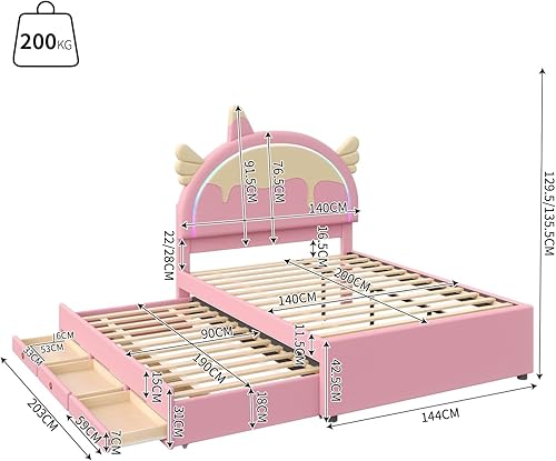PUGSDRLY Lit Enfant 140x200cm avec lit Extensible 90x190cm et 3 Tiroirs,Lit Fille avec Tête en Forme de Licorne et Bande LED,Cadre avec Sommier à Lattes,sans Matela (Rose, 140x200) - Nail Gallerys