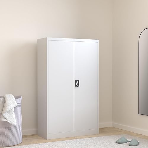 Jan Nowak Armoire de Bureau Métallique C001K 3 Etagères Tôle d'acier Portes Battantes Verrouillable 140 cm x 90 cm x 40 cm (Blanc/Imitation Bois) - Nail Gallerys