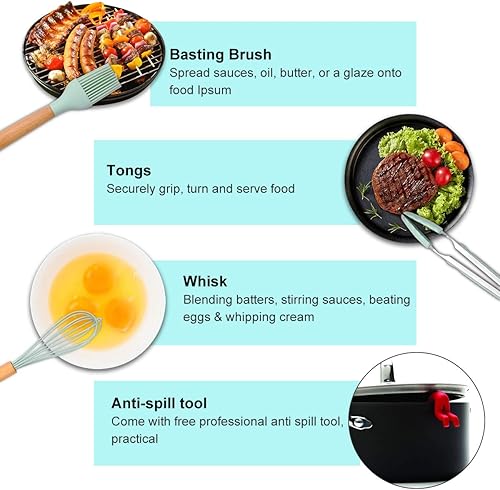 Songway 12 PCS Kit d'Ustensiles de Cuisine en Silicone et Bois avec Pot de Rangement, Set d'ustensiles de cuisine en silicone - Nail Gallerys