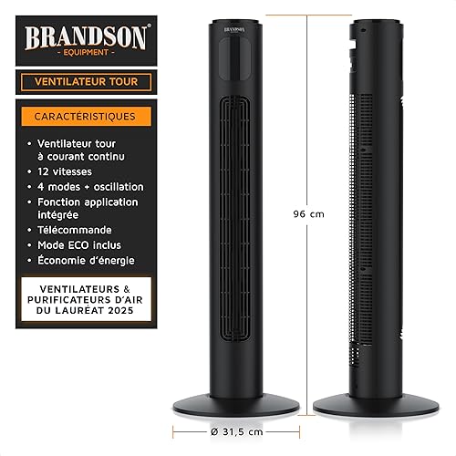 Brandson Premium Ventilateur Colonne ECO avec moteur DC 35 Watt – extrêmement silencieux – commande par appli – commande vocale – grand écran LED – incl. télécommande – minuterie – 4 modes - Nail Gallerys
