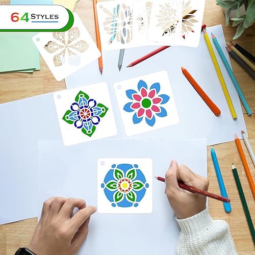MWOOT 64 Pièces Mandala Dot Painting Stencils,DIY Peinture Plastique Drawing Scale Templates,Réutilisable Pochoirs Accessoire Peinture pour Décoration Mural Roche Pierre Tissu Bricolage(7.62x7.62CM) - Nail Gallerys